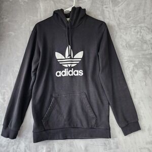 Adidas Hoodie Mens Small Black Sweatshirt Kangaroo Pocket French Terry Trefoil